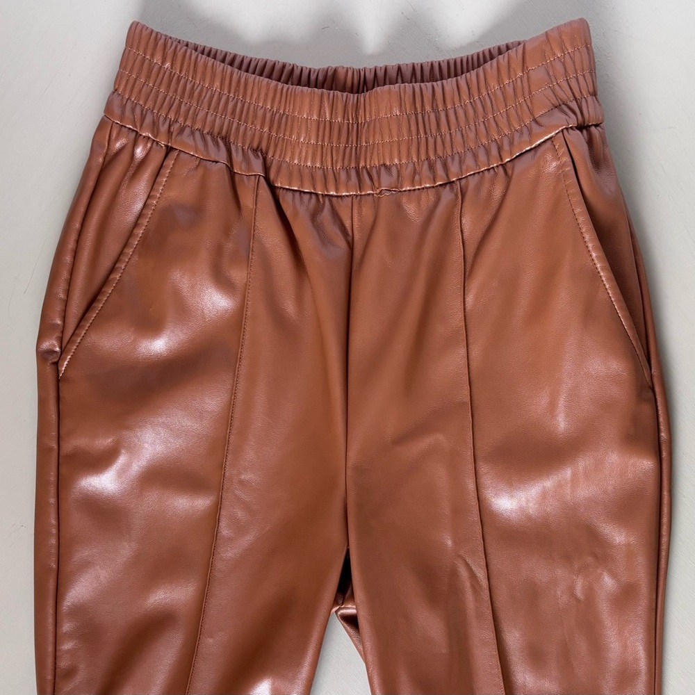 Anthropologie D' Amelie Paris Sleek Cognac Faux Leather Wide Leg Trousers Pant - Picture 3 of 12